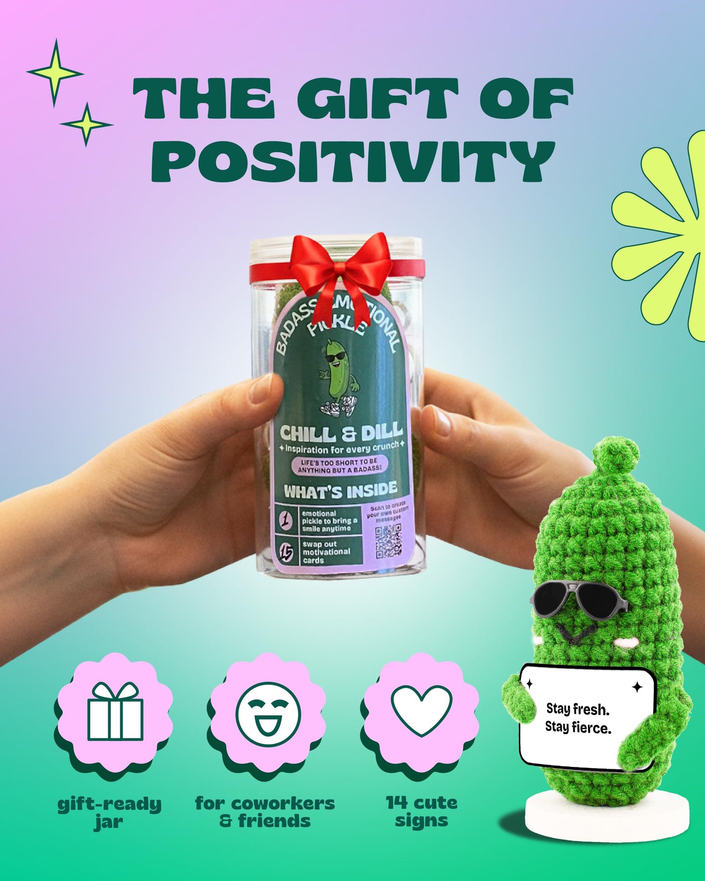 Emotional Support Pickle. Premium Handmade Crochet Plush. 15 Motivational Swappable Cards and Customizable QR Messages. Funny Gift. Perfec for Friends, Coworkers, Motivational Gift.