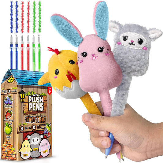 BUNMO Cute Pens - Plush Fun Pens w/Soft Grip & 6 Colorful Refills - Gifts for Tweens - Fun Pencils for Kids - Bunny, Lamb, and Chicken - Gift for Teens - Squishies for Kids - Tiny Trio 3 Pack