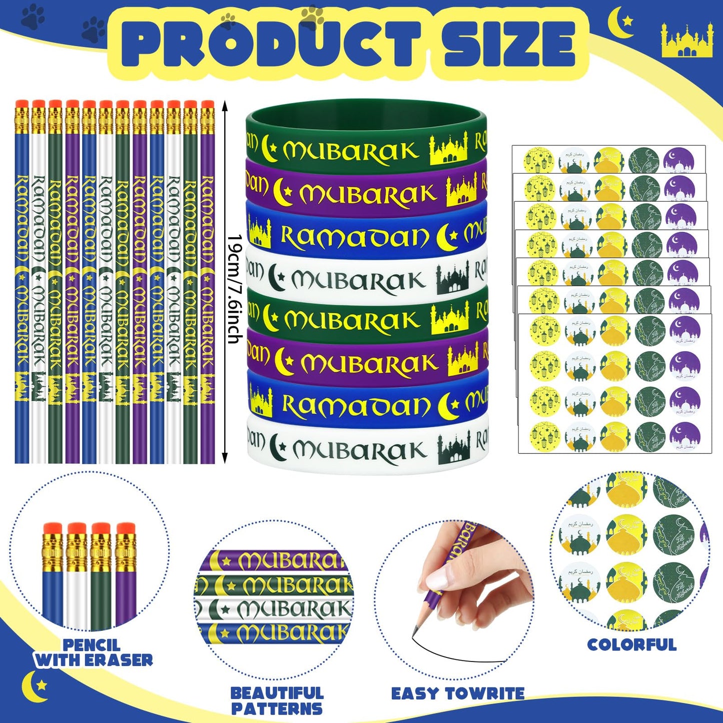 TecUnite 130 Pcs Ramadan Gifts 2026 Eid Mubarak Gifts Bulk for Kids Includes Eid Pencils Silicone Wristbands Islamic Stickers Ramadan Party Supplies for Kareem Basket Bag Stuffers Decoration