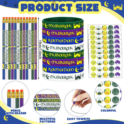 TecUnite 130 Pcs Ramadan Gifts 2026 Eid Mubarak Gifts Bulk for Kids Includes Eid Pencils Silicone Wristbands Islamic Stickers Ramadan Party Supplies for Kareem Basket Bag Stuffers Decoration