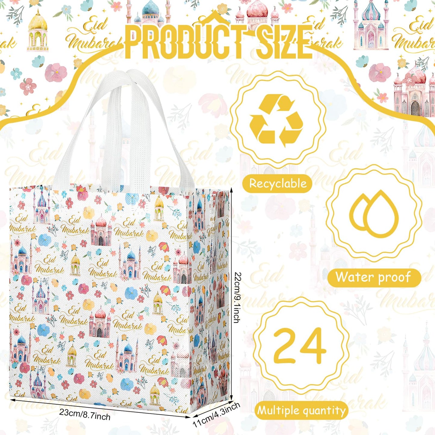 Amylove 24 Pcs Reusable Eid Mubarak Gift Bags with Handles Non Woven Ramadan Goodie Bags Eid Mubarak Party Favor Treat Gift Wrapping Shopping Tote Ramadan Party Supplies 9.2" x 8.7" x 4.3"