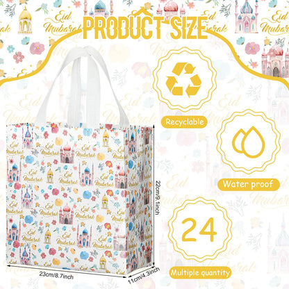 Amylove 24 Pcs Reusable Eid Mubarak Gift Bags with Handles Non Woven Ramadan Goodie Bags Eid Mubarak Party Favor Treat Gift Wrapping Shopping Tote Ramadan Party Supplies 9.2" x 8.7" x 4.3"