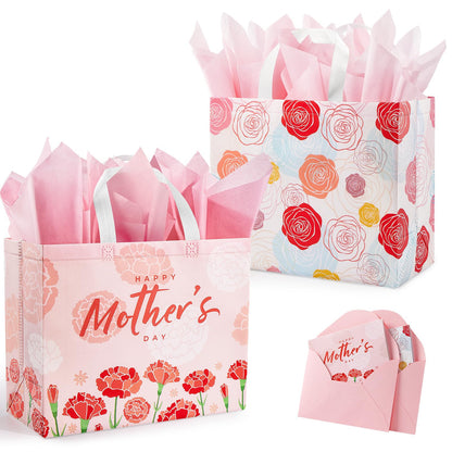 YANGTE 2 Pack 13" Large Mothers Day Gift Bags with Tissue Paper, Reusable Non-Woven Mothers Day Bag with Handle, Elegant Mothers Gift Wrap Bags for Presents, Floral Gift Bags with Cards for Woman, Mom