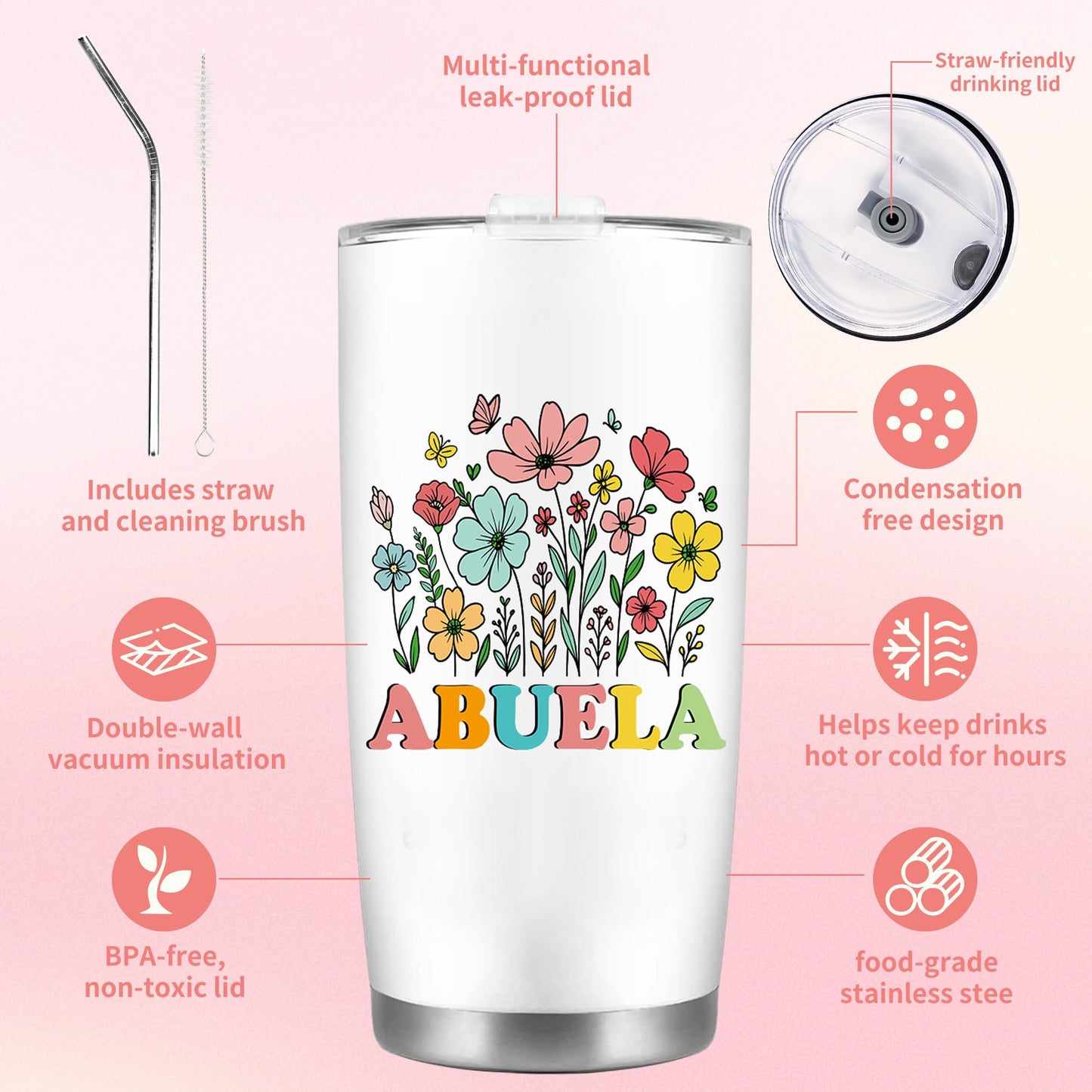 Abuela Gifts Set, Floral Abuelita Tumbler with Straw Cosmetic Bag Keychain Bracelet Set, Regalos para Abuela Gifts for Grandma from Grandkids, Mother’s Day Birthday Mexican Grandma Gifts