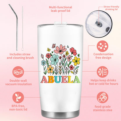 Abuela Gifts Set, Floral Abuelita Tumbler with Straw Cosmetic Bag Keychain Bracelet Set, Regalos para Abuela Gifts for Grandma from Grandkids, Mother’s Day Birthday Mexican Grandma Gifts