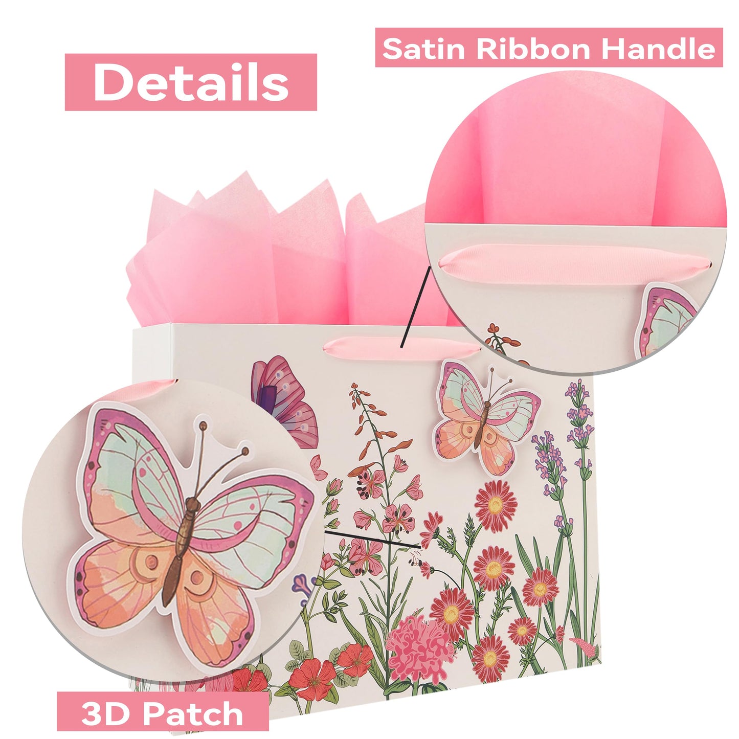 Qirrmiy 16.5” Extra Large 3D Butterfly Gift Bag Set with Handles, Greeting Card, Pink Tissue Papers and Stickers for Women Girls for Birthday, Mothers' Day, Wedding, Anniversary, Floral Design, 1 Pcs