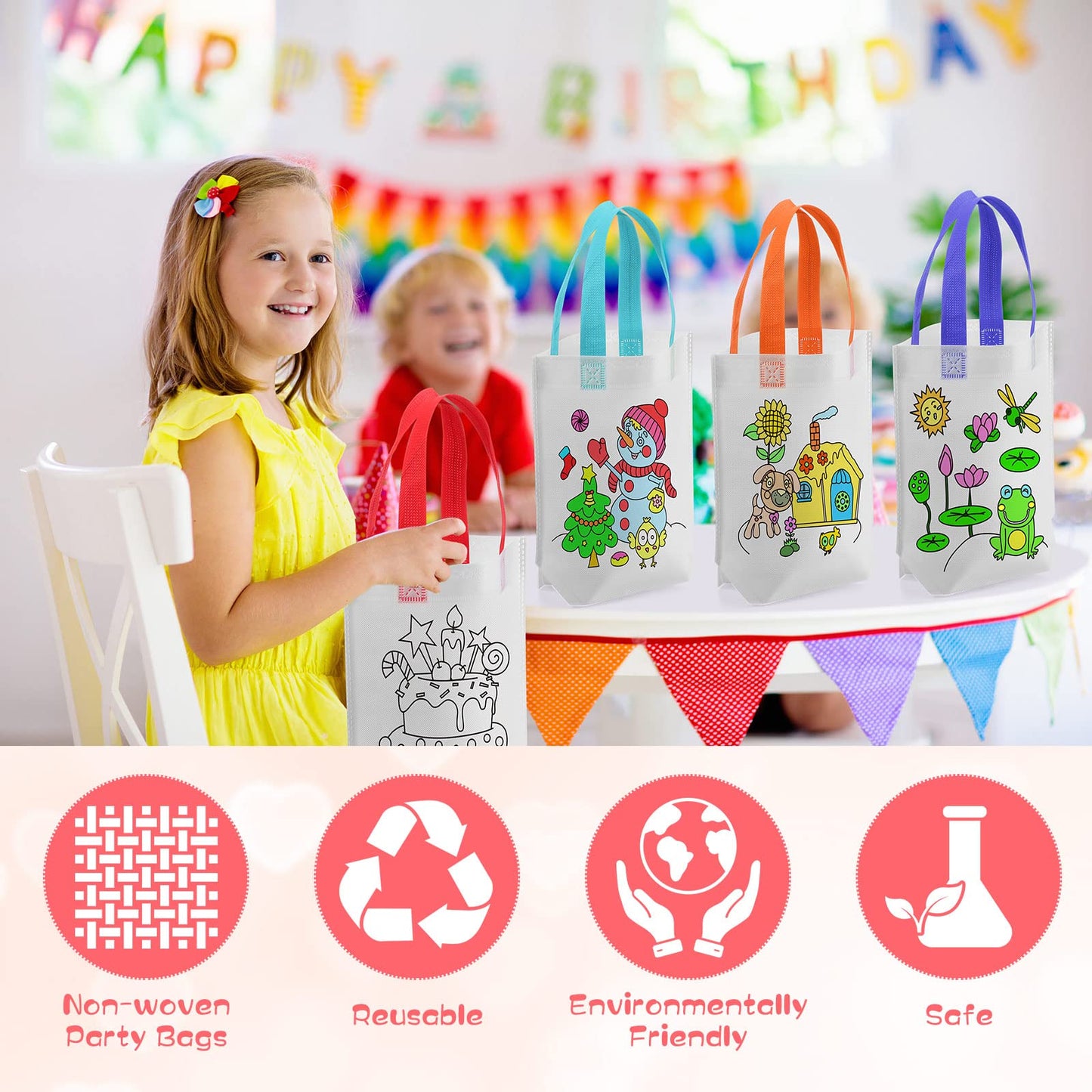 BBTO 100 Pcs Coloring Goodie Bags Cute Cartoon Reusable Party Favor Paint Non Woven Goodie Bags for Kids Birthday Party Art DIY Crafts Supplies, 20 Styles