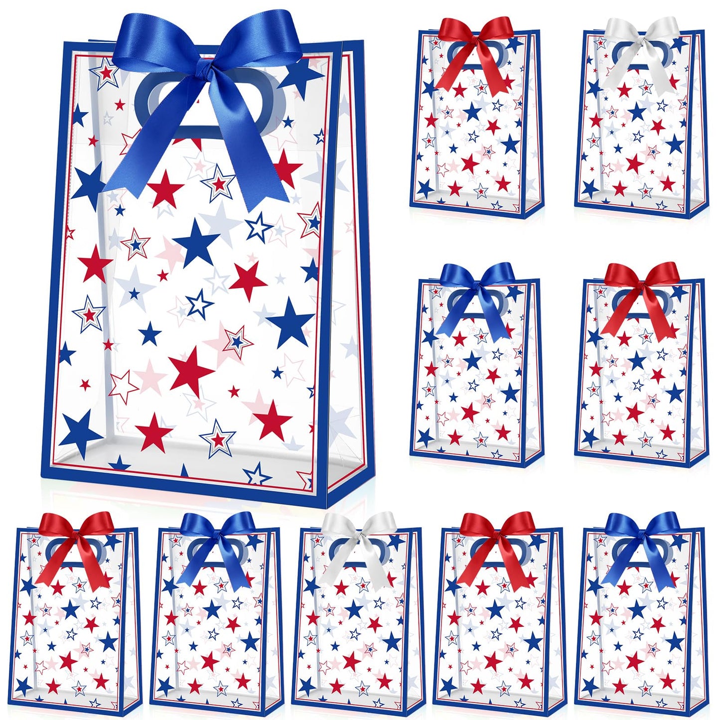 Aliceset 12 Pack Patriotic Clear Gift Bags with Handles Red White Blue Goodie Bags with Bow Ribbon Independence Day 4th of July Decor for USA Veterans Candy Snacks Treat Party Favor, 10x7x3.15''