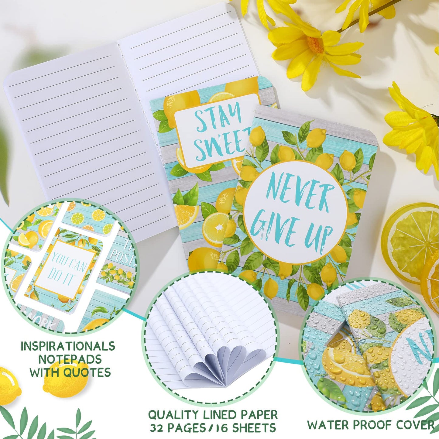 Fainne 16 Pcs Lemon Party Favors Mini Lemon Notebook Bulk for Women Gifts, 3.2 x 5 Inches Small Pocket Notepads for Fruits Theme Decoration, 8 Styles