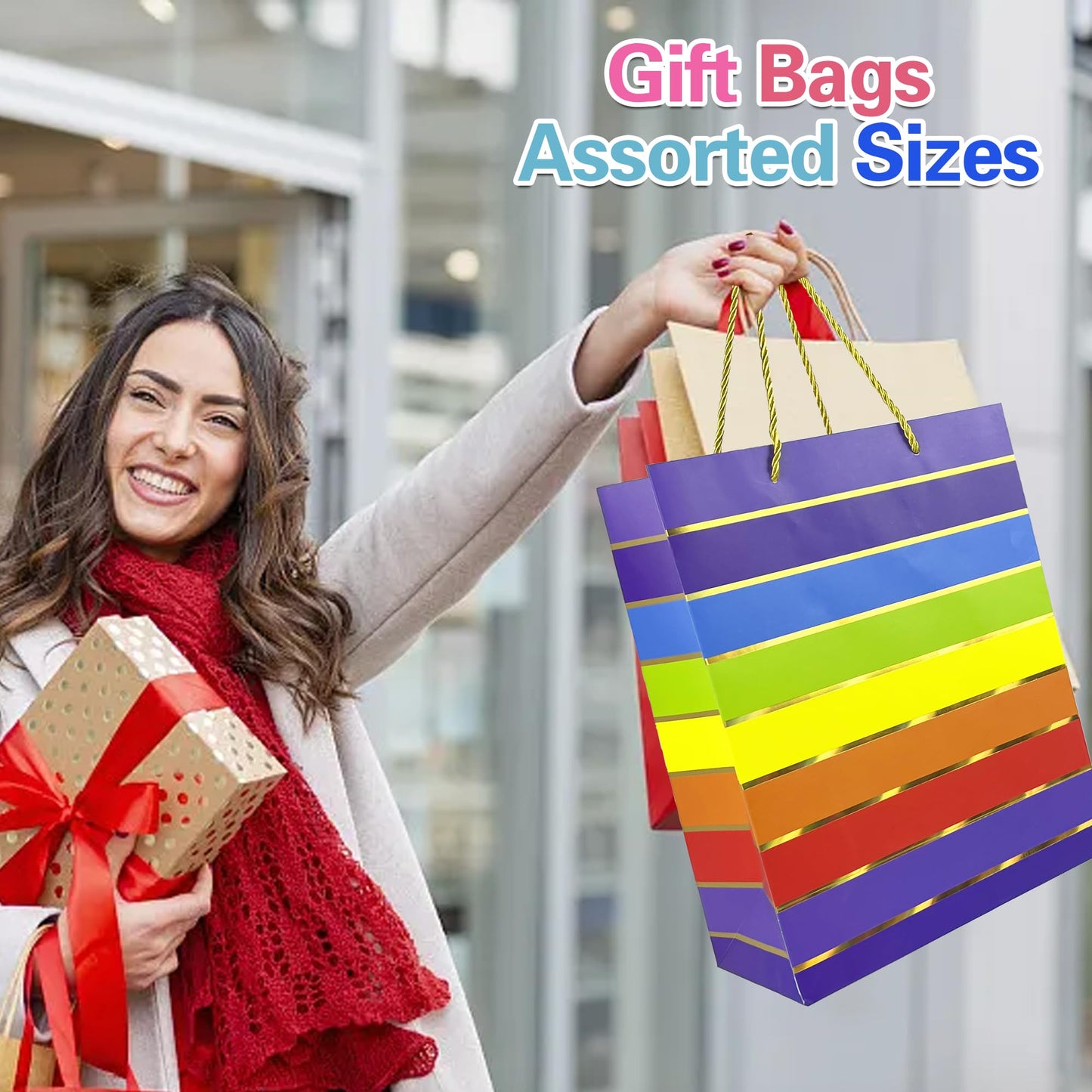 MUMULULU Gift Bags Assorted Sizes and Designs with Handle and Tissue Paper Birthday Gift Bags Rainbow for Birthday Bag Party Baby Shower Wedding Holiday Presents (Striped, 10)