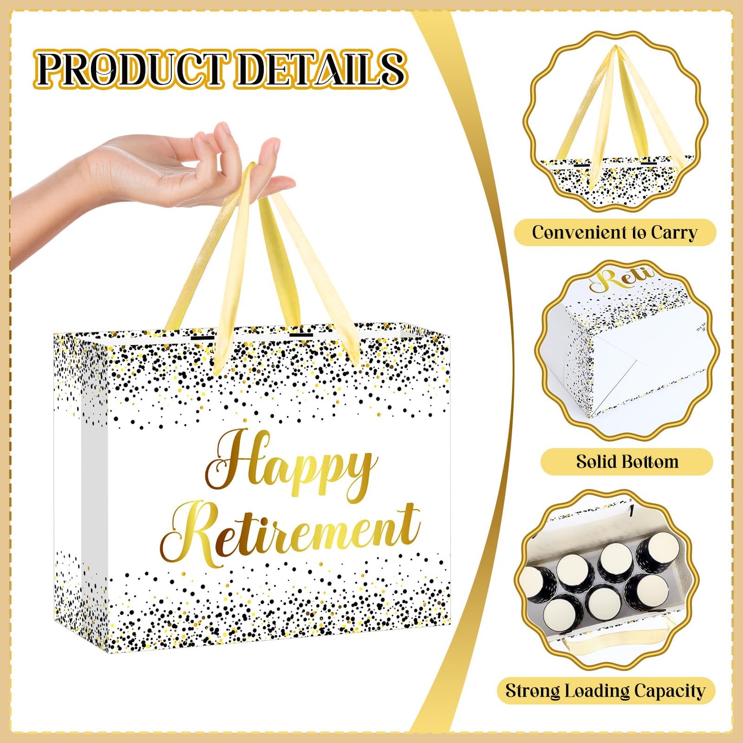 Woosytoo Retirement Gift Bag for Men Women, White Gold Happy Retirement Gift Bag with Card and Tissue Paper for Office Coworker Going Away Farewell Party Gifts Wrapping Supplies