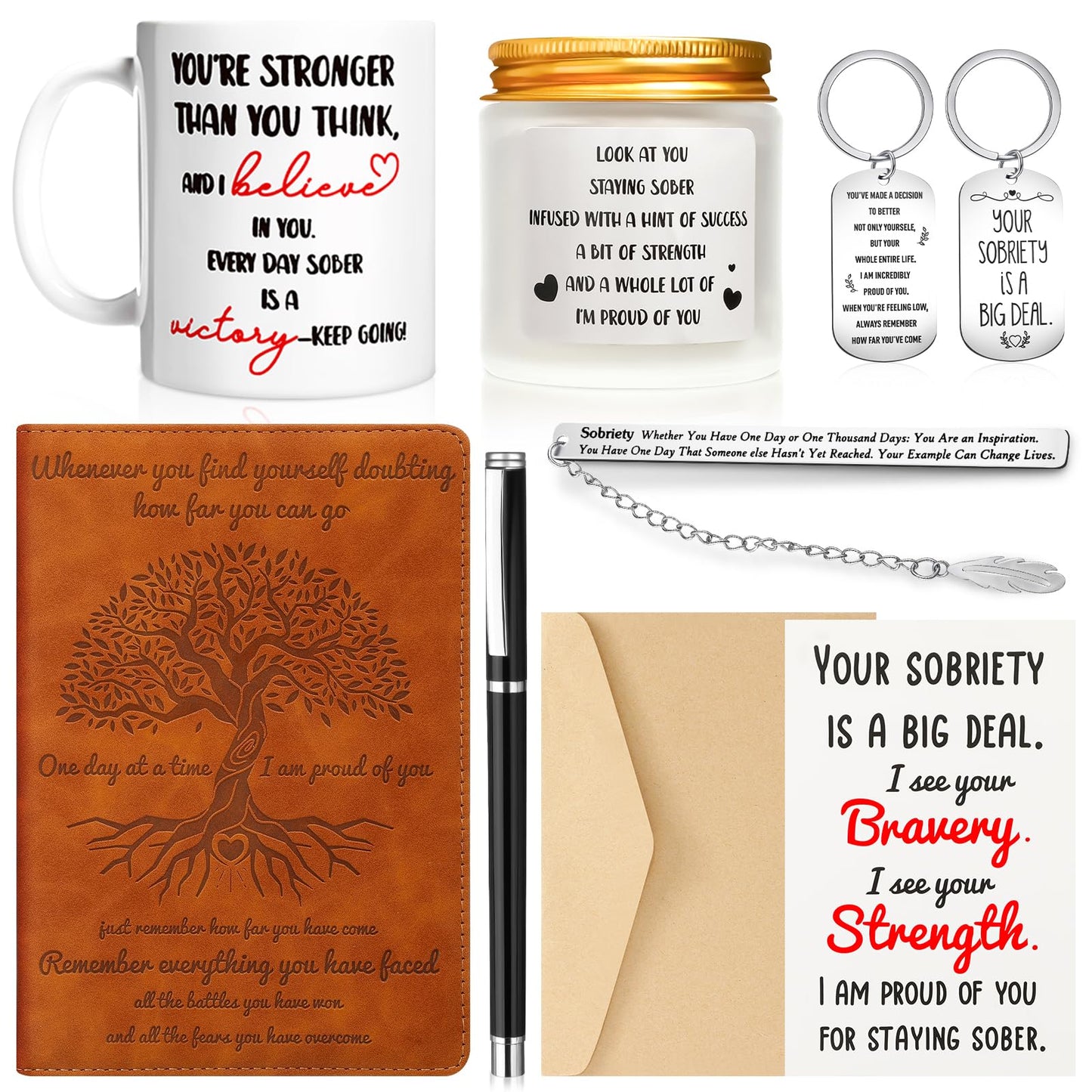 Marspark 7 Pcs Sobriety Gifts for Men Women Addiction Recovery Sober Anniversary Present Set Gifts Include Notebook Pen Candle Mug Keychain Greeting Card Bookmark