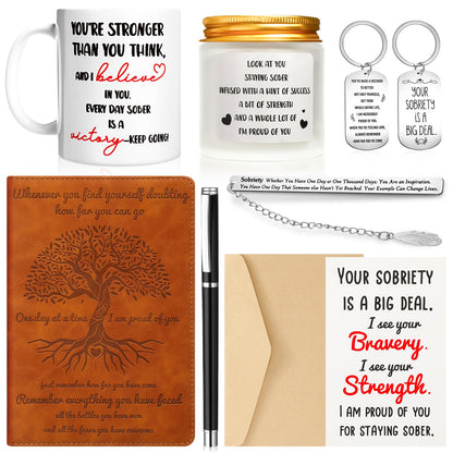 Marspark 7 Pcs Sobriety Gifts for Men Women Addiction Recovery Sober Anniversary Present Set Gifts Include Notebook Pen Candle Mug Keychain Greeting Card Bookmark