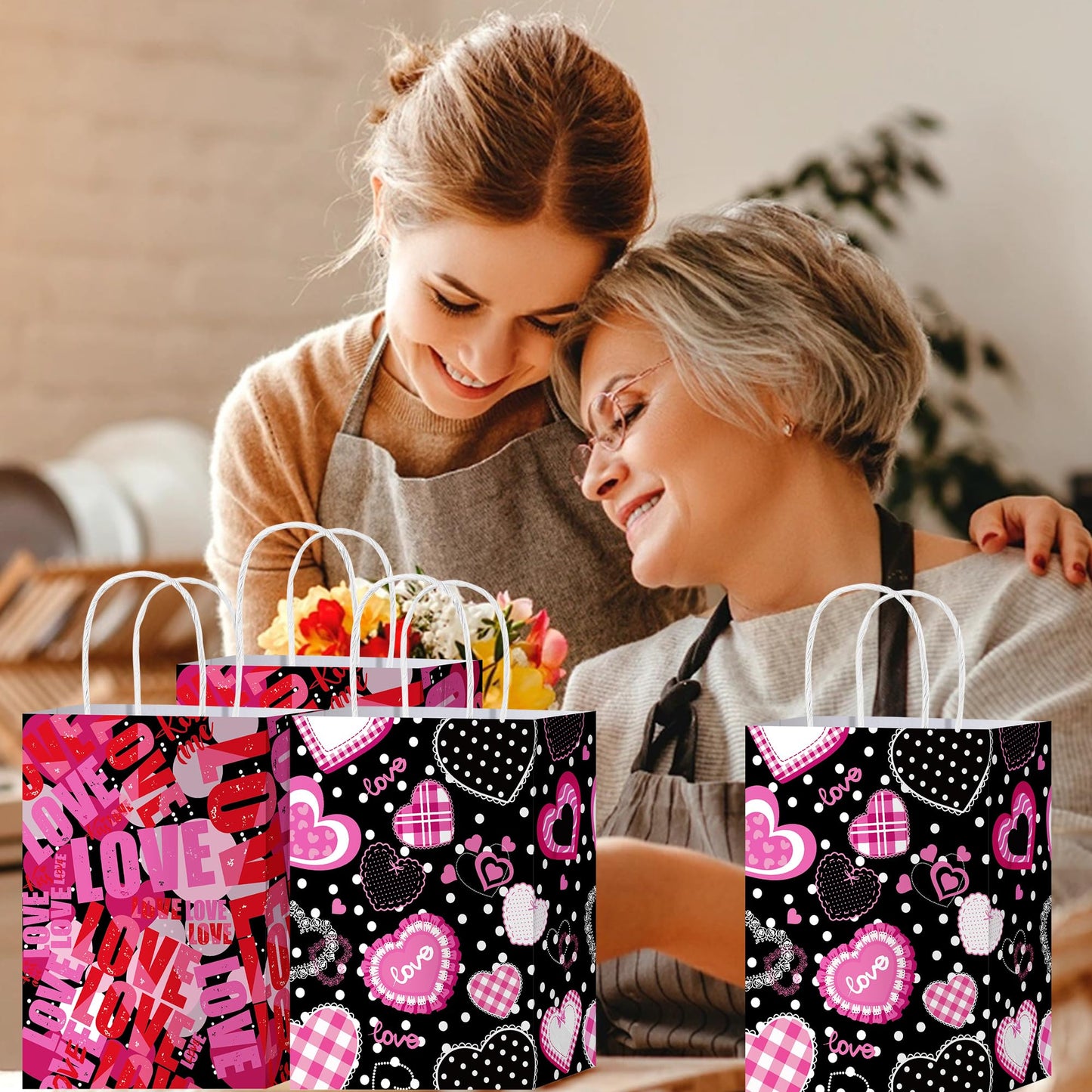 W WINTMING 12PCS Mother Day Gift Bag with Handles Love Pink Red Mother's Day Bags Valentines Goodie Bags for Anniversary Mother’s Day Gift Wrapping Bag