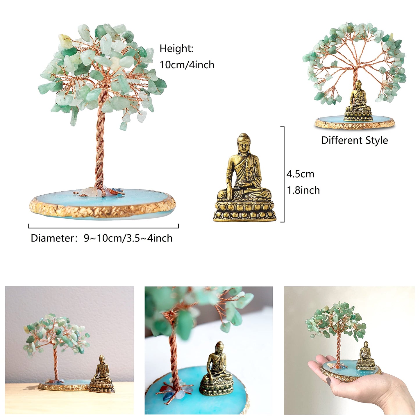 Buddha Statue with Healing Crystal Tree, Tree of Life for Positive Energy. Home Decor Yoga Meditation. Green.(B)
