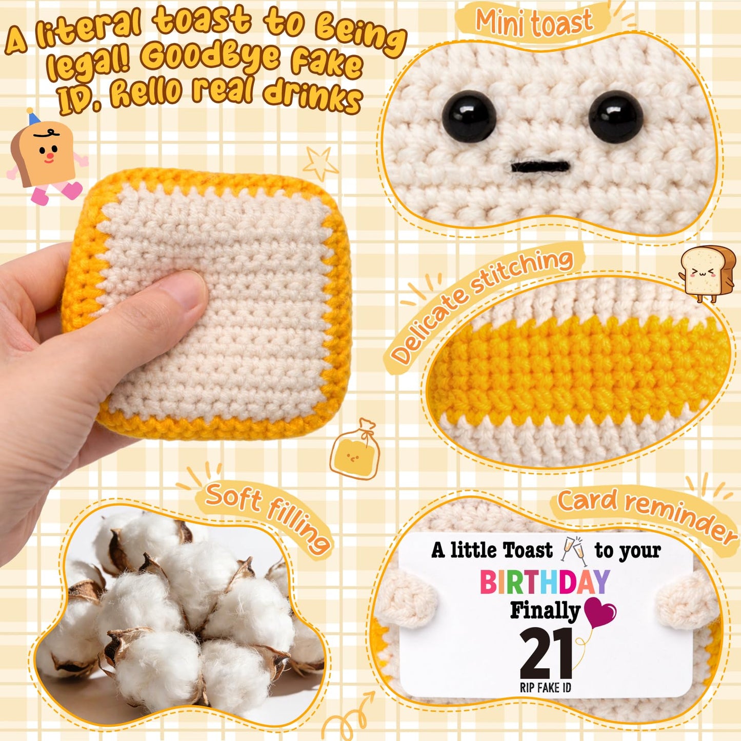 Finally 21 - Funny 21st Birthday Gift for Her Him - Crochet Toast with 'RlP Fake ID' Gag Message - Unique Adult Birthday Decor & Keepsake for Daughter, Son, Friend, Sister female Male From Mom Dad