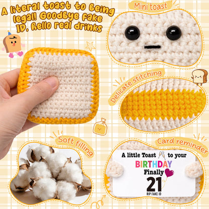 Finally 21 - Funny 21st Birthday Gift for Her Him - Crochet Toast with 'RlP Fake ID' Gag Message - Unique Adult Birthday Decor & Keepsake for Daughter, Son, Friend, Sister female Male From Mom Dad