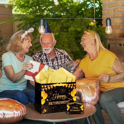 Hooqict Large Retirement Gift Bag Black Gold Happy Retirement Party Gift Bag with Handles, Wrapping Paper, Greeting Card for Men Women Coworker Teacher Farewell Going Away Party Favors