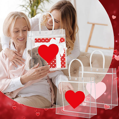 Aliceset 24 Pcs Heart Gift Bags Bulk Clear PVC Gift Bags with Handles Heart Pattern Reusable Transparent Tote for Party Favors Candy Treat Mother's Day (Mom, 9.84"x 9.84"x 3.54")