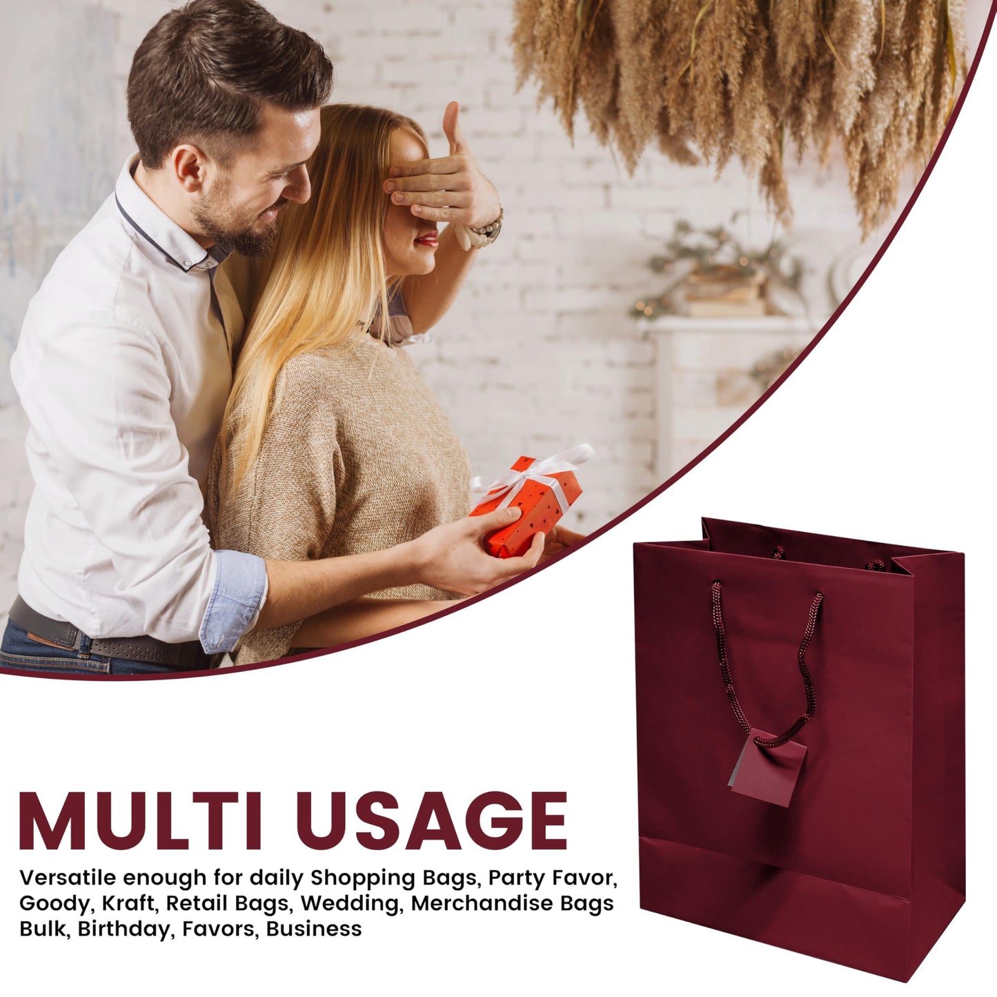 Novel Box Burgundy Gift Bags with Handles 10 Pack 8x4x10 Inches Large Paper Bulk Gift Bags for Business, Shopping, Birthday, Party Favor - Euro Tote Paper Bag for Groceries & Personal Use