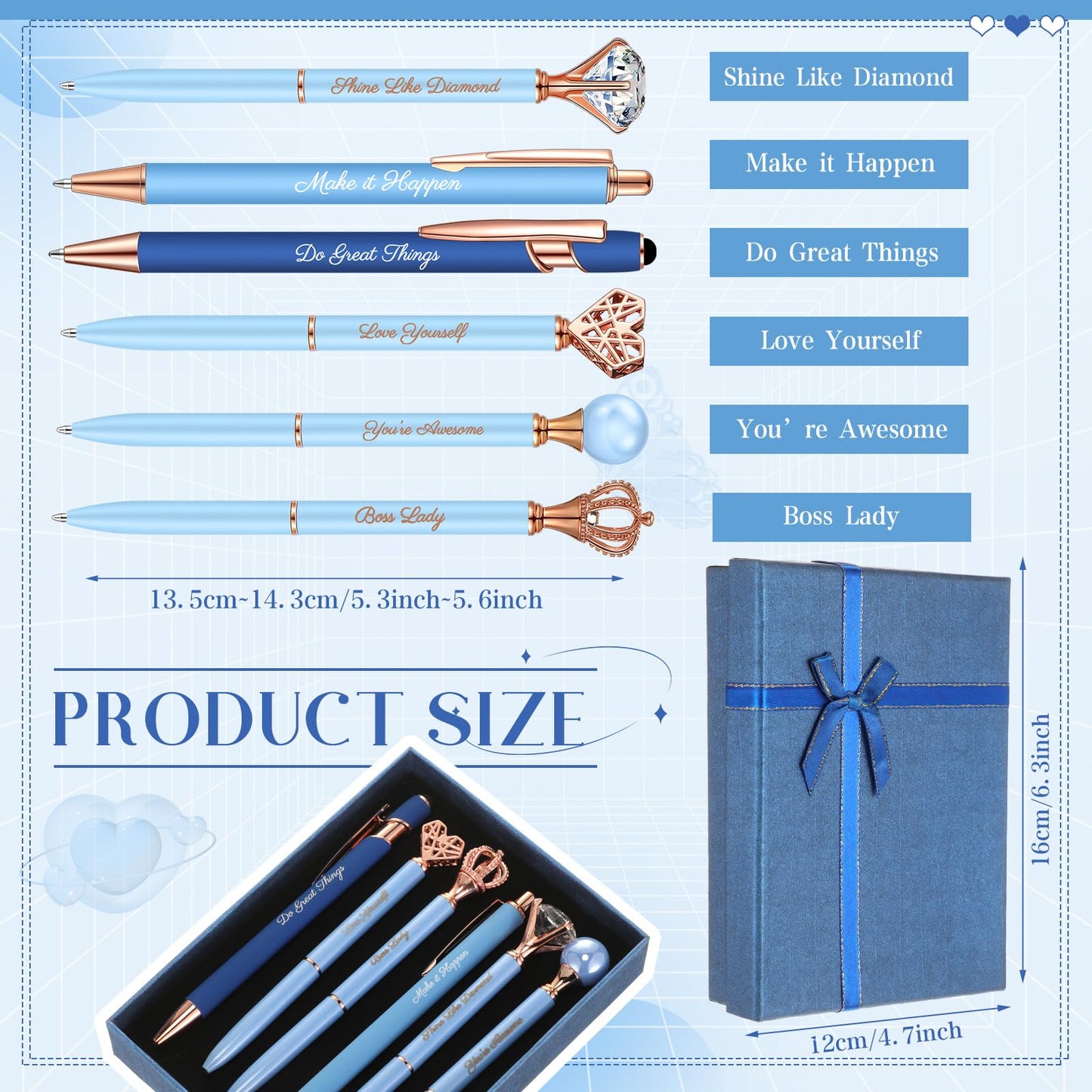 Qeeenar 6 Pcs Fancy Pens for Women Crystal Diamond Pen for Journaling Pretty Glitter Ballpoint with Box Inspirational Gifts for Women Girls College Students Cute Back to School Gifts(Dark Blue)