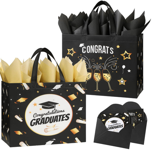 STYPOP 2 Pack 13" Large Graduation Gift Bags with Tissue Paper, Reusable Non-Woven Grad Bags with Handles, Best Graduation Gifts Class of 2026 College/High School / 8th Grade, 12.8"*10.2"*6.3"
