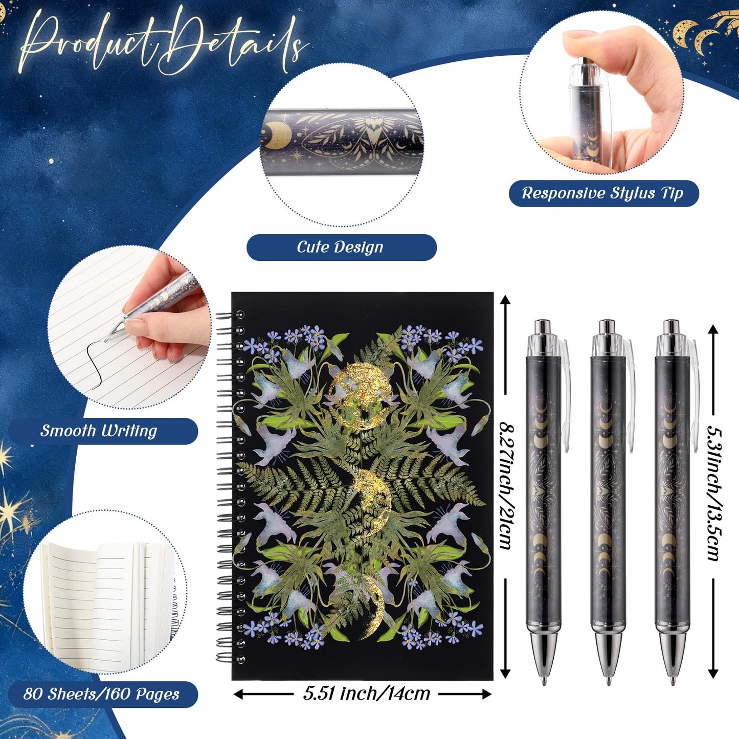 FoldTier 6 Pcs Gothic Witch Gift 1 Moon Phase Tumbler with Lids and Straw 1 Witchy Makeup Bag & 1 Journal Notebook 3 Inspirational Ballpoint Pens Xmas Witchcraft Lover Gift for Women Friends