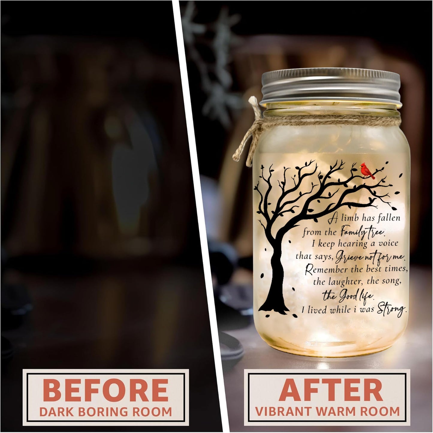 Memorial Gifts Mason Jar Light, Red Cardinal - Memory Gifts for Loss Loved Ones, Bereavement Gift Idea, Sympathy Loss of Mother, Dad, Son, Husband/Family Member A Limb Has Fallen From Our Family Tree