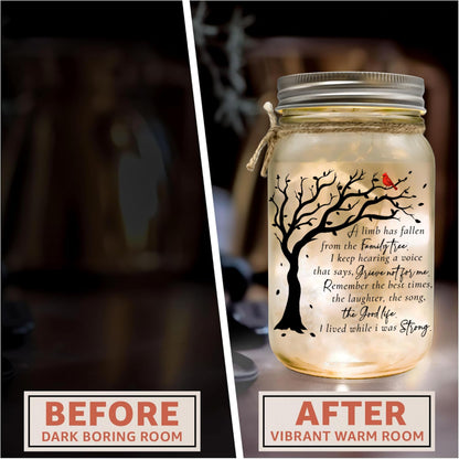 Memorial Gifts Mason Jar Light, Red Cardinal - Memory Gifts for Loss Loved Ones, Bereavement Gift Idea, Sympathy Loss of Mother, Dad, Son, Husband/Family Member A Limb Has Fallen From Our Family Tree