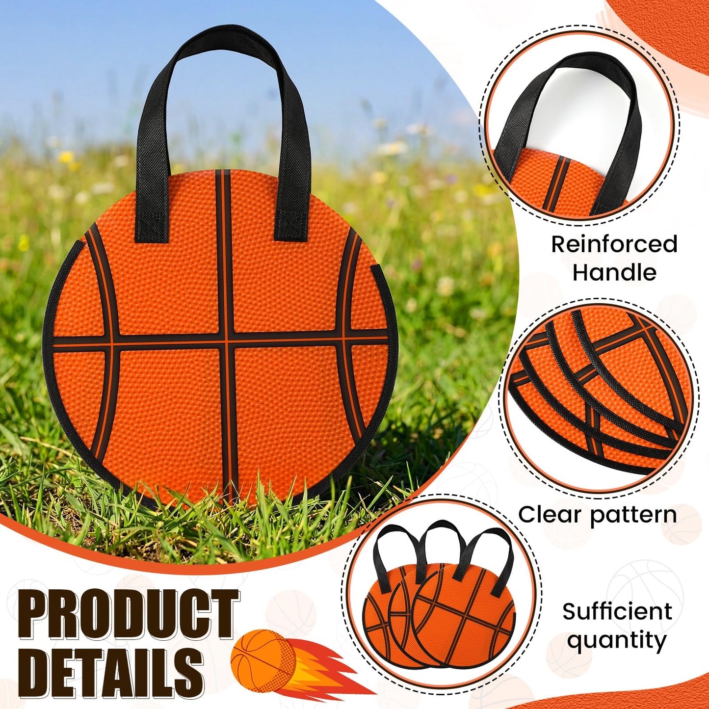 Yeyeplum 12 Pcs Basketball Party Favor Bags 10 × 10 Inch Basketball Gift Bags with Handle Round Non Woven Gift Pouches for Goodie Candy Snacks Sports Themed Birthday Party Supplies