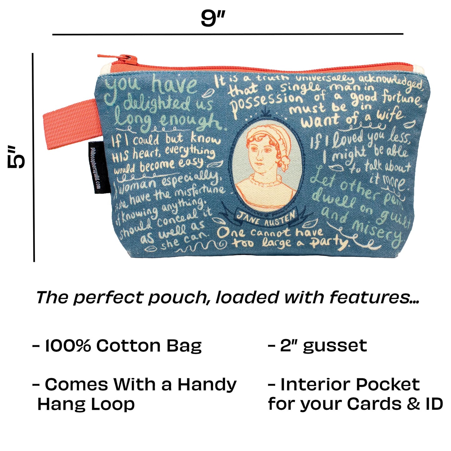 The Unemployed Philosophers Guild Jane Austen Bag - 9" Canvas Zipper Romance Themed Pouch for Pencils, Tools, Cosmetics, Toiletries and More