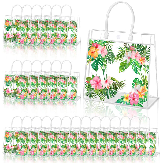 HYMENEX 24 Pcs Hawaiian Gift Bags, Aloha Clear PVC Gift Bag with Handles Luau Goodie Treat Candy Bags for Summer Tropical Aloha Festival Hawaiian Holiday Party Supplies Favor