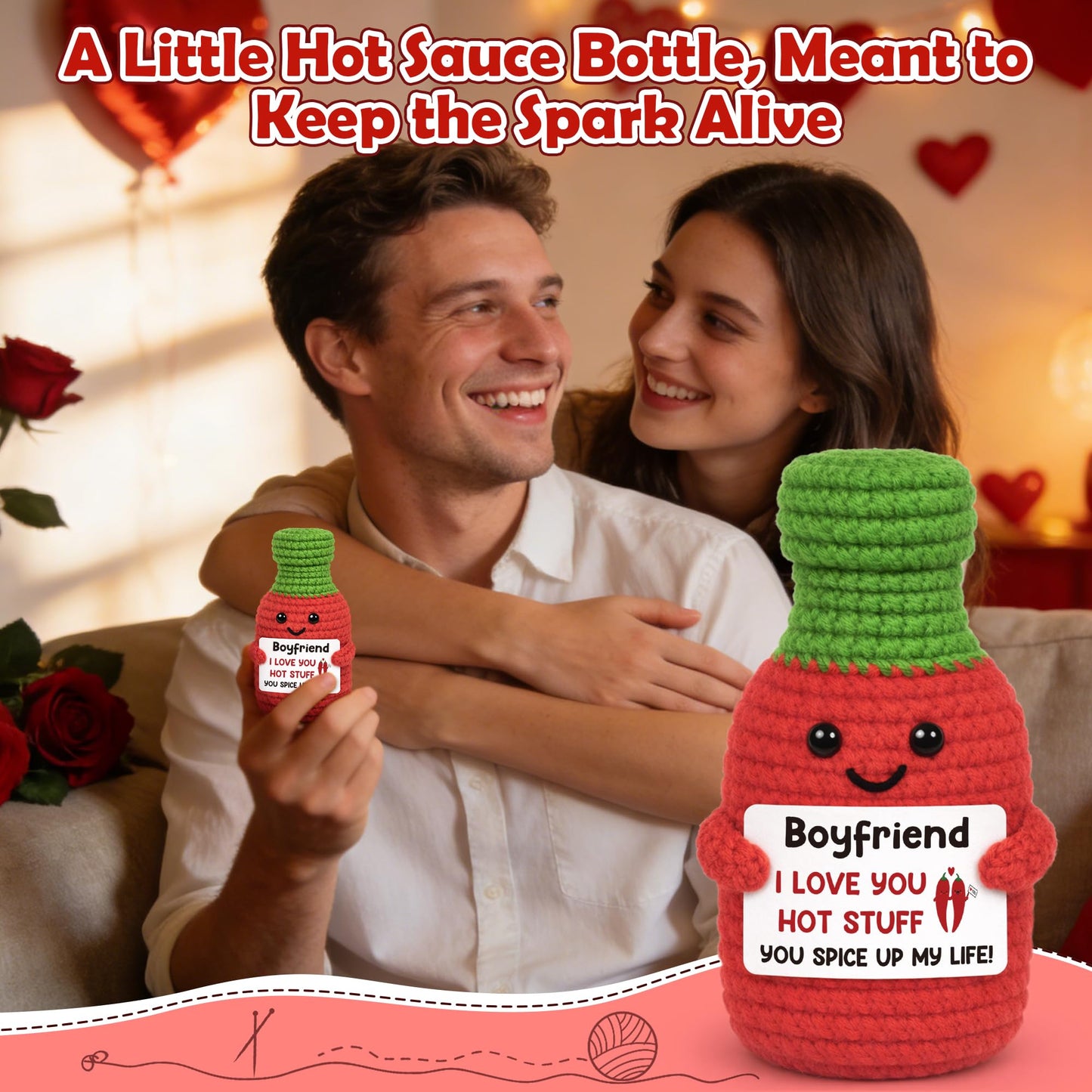 Anniversary Men Gifts for Boyfriend Him Birthday for Boyfriend from Girlfriend, I Love You Boyfriend's Sweet Day Romantic Gift Funny Handmade Crochet Hot Sauce Gift for Couple