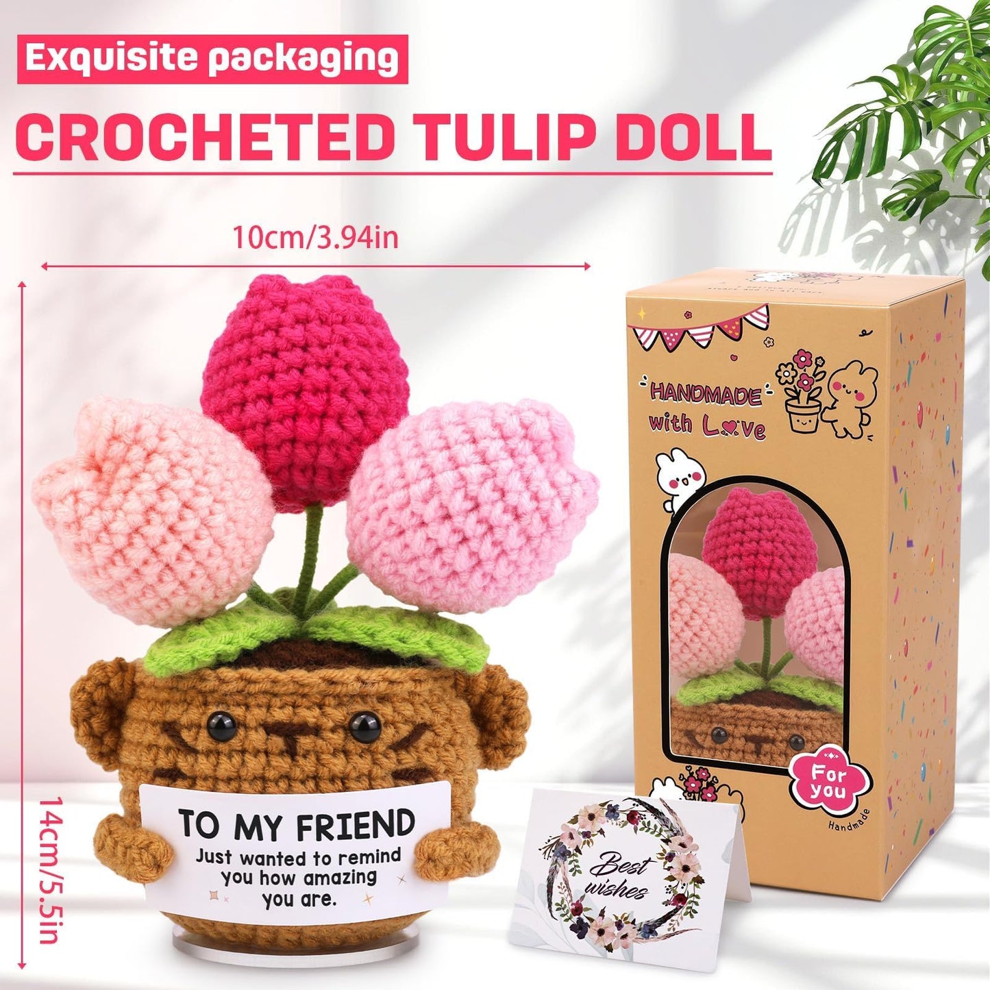 Positive Crochet Gifts for Women/Men, Tulip Flowers Emotional Support Thank You Gifts for Wife Husband, Friends Teachers with Thanks Card for Anniversary, Christmas, Birthday -to My Friend