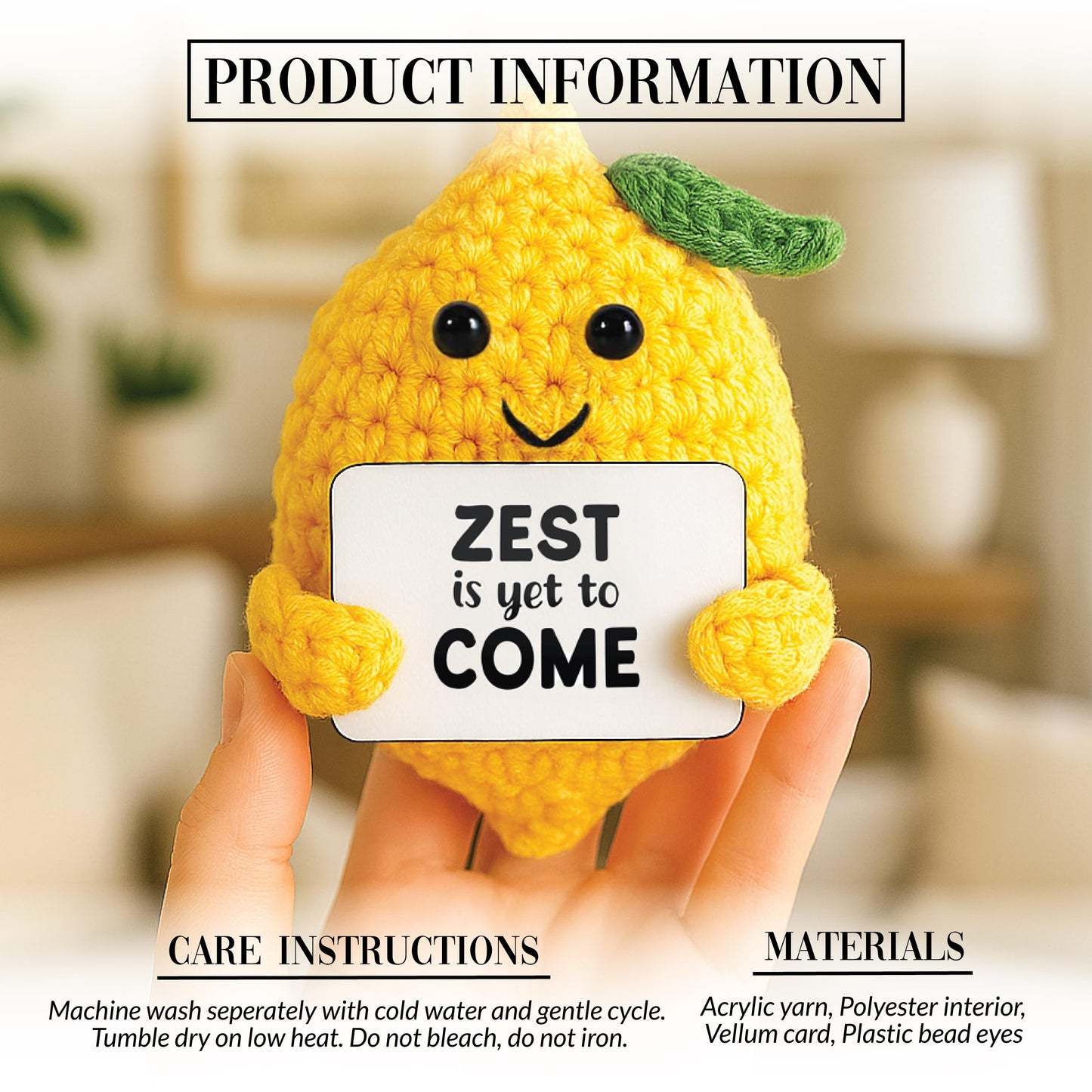Pavilion Gift Company - Lemon - Crochet Mini Figure Fruit Zest Encouragement Inspiration Home Work Desk Decor