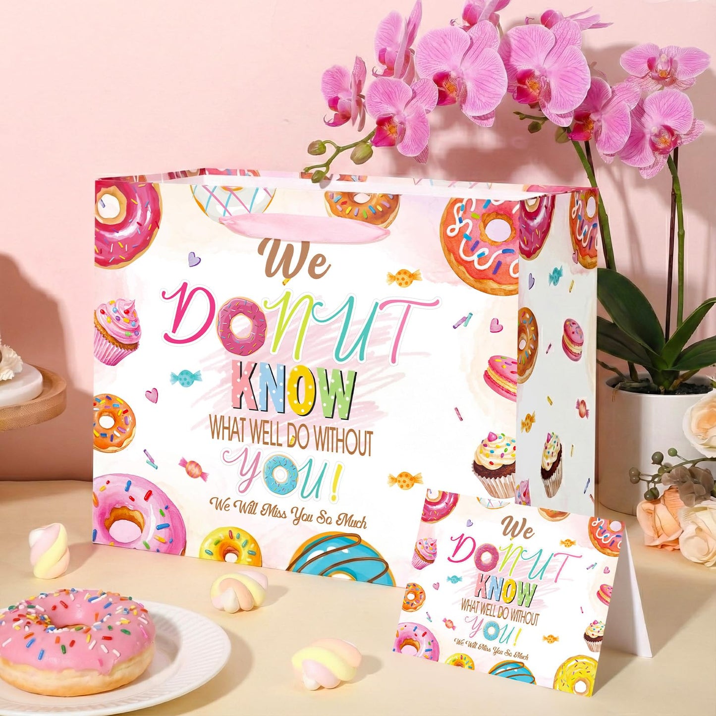 Donut Retirement Gift Bag Pink Retirement Wrap Bag with Tissue Paper Greeting Card Retirement Moving Away Goodbye Party Favors for Women Coworker Friends Farewell Going Away Graduation Party Supplies