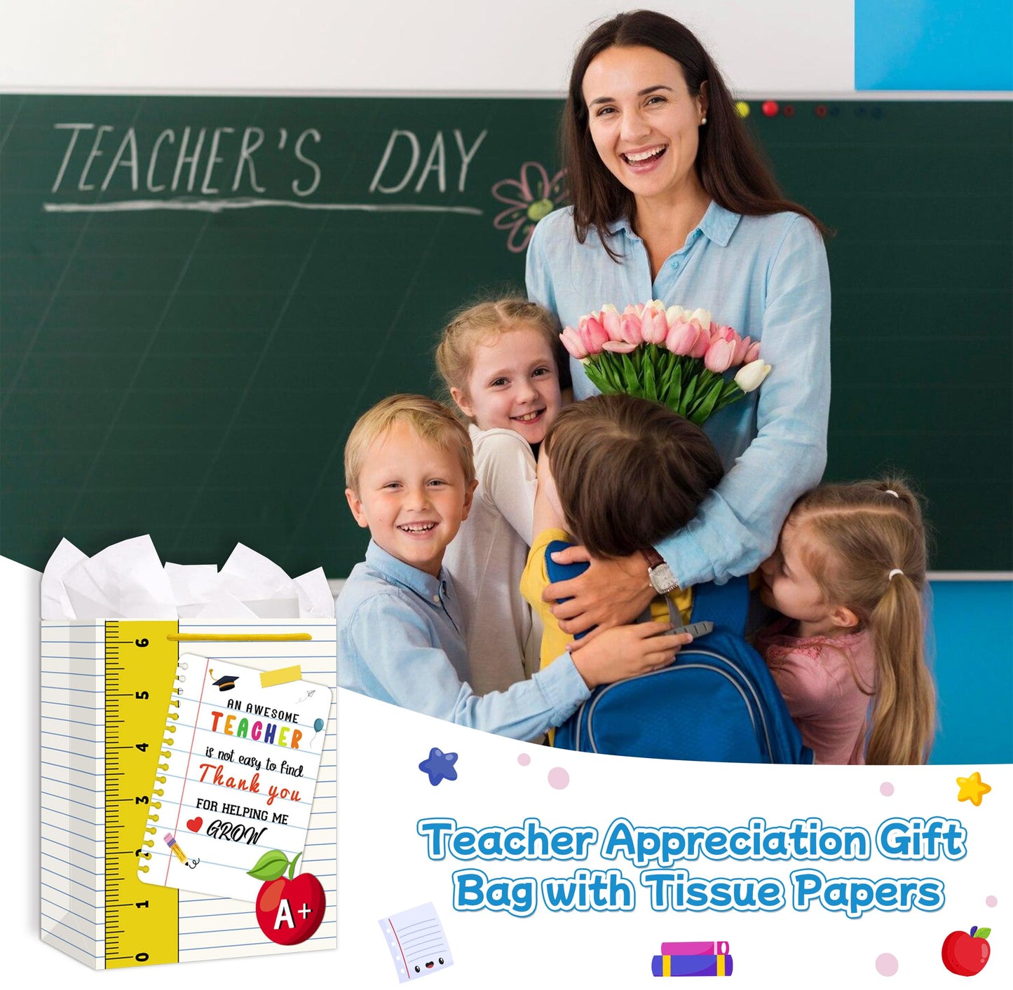 LIJUGITF Teacher Appreciation Gift Bag with Tissue Paper, 13" Large Thank You Gift Bag for Teacher Appreciation Week, End of Year, Graduation, Back to School Supplies, Paper Gifts Wrapping Bags