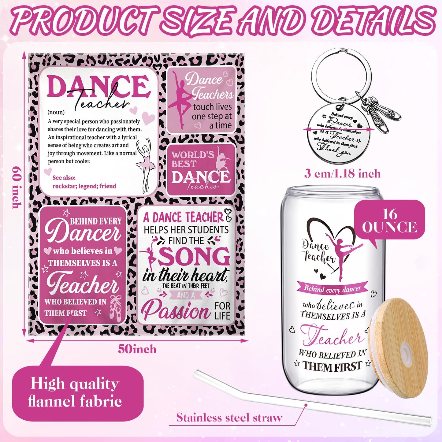 SmoothNovelty 3 Pcs Dance Teacher Gifts for Women Graduation Dance Teacher Appreciation Gifts Back to School Present 50 x 60 Inch Blanket 16 oz Glass Cup Keychain Dancer Love Graduation Party Supplies