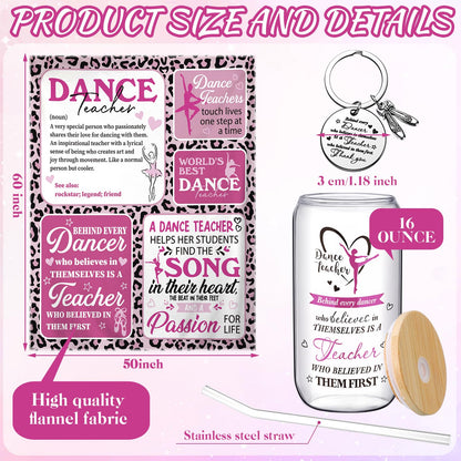SmoothNovelty 3 Pcs Dance Teacher Gifts for Women Graduation Dance Teacher Appreciation Gifts Back to School Present 50 x 60 Inch Blanket 16 oz Glass Cup Keychain Dancer Love Graduation Party Supplies