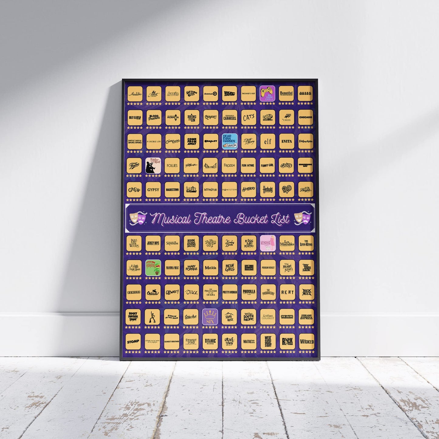 100 Musical Theater Shows Scratch Off Poster - Gift for Musical Theatre Fans & Broadway Lovers - 23"x17"