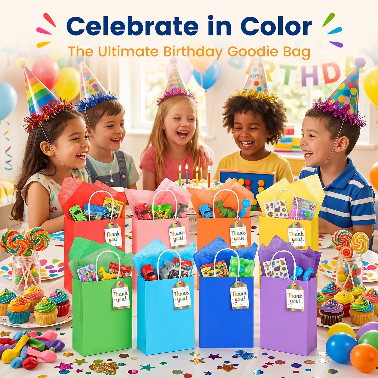 LovesTown 24 Pack Small Gift Bags with Tissue Paper, 5.5x2.75x7.8 Inch Goodie Bags with Handles 8 Colors for Birthdays Weddings Gift Wrapping Bulk Supplies