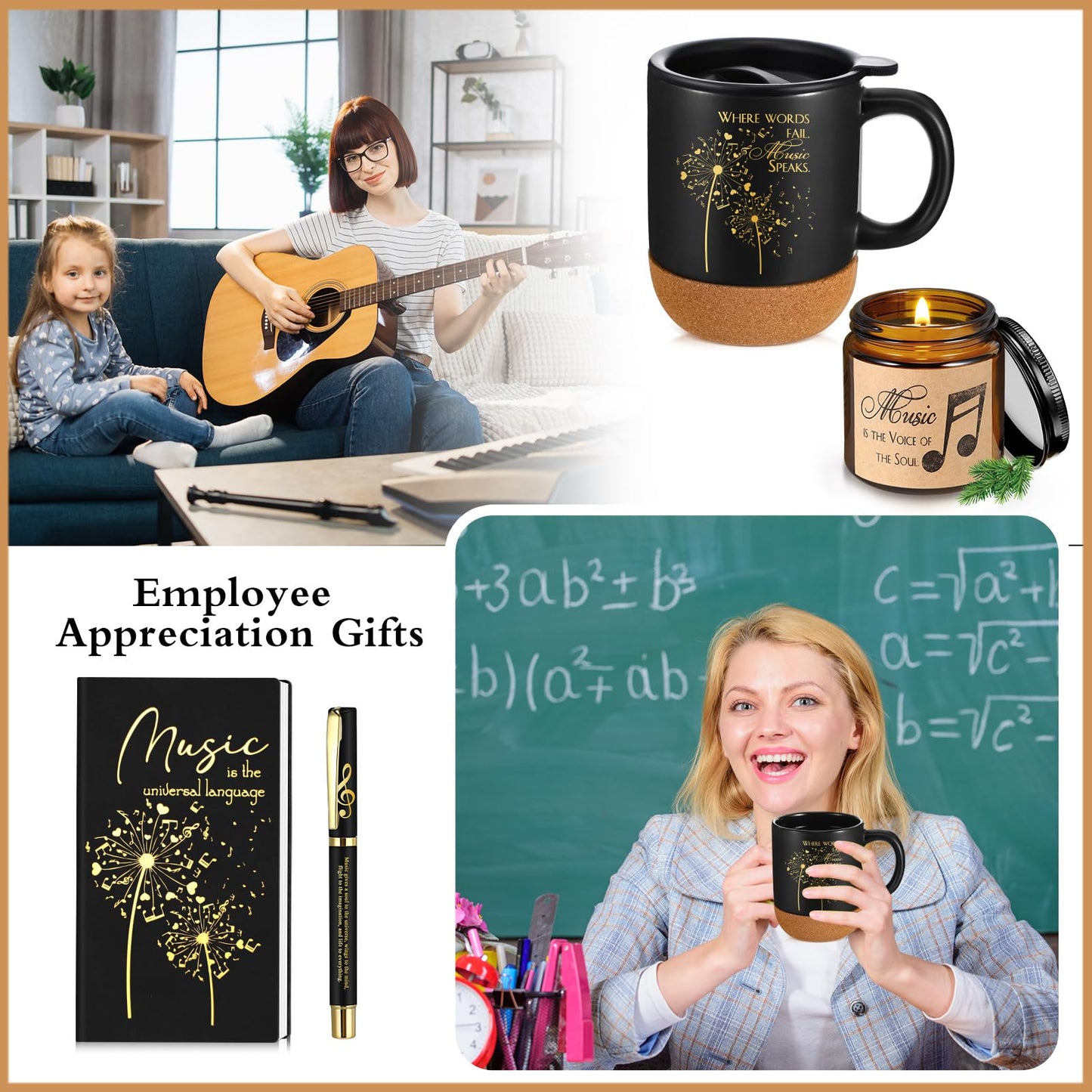 SiliFine 4 Pcs Music Lover Gifts Women Men 15 oz Musician Coffee Mug with Lid Leather Journal Notebook Candle and Pen Set Music Teacher Thank You Gift for Piano Students Birthday Retirement(Black)