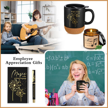 SiliFine 4 Pcs Music Lover Gifts Women Men 15 oz Musician Coffee Mug with Lid Leather Journal Notebook Candle and Pen Set Music Teacher Thank You Gift for Piano Students Birthday Retirement(Black)