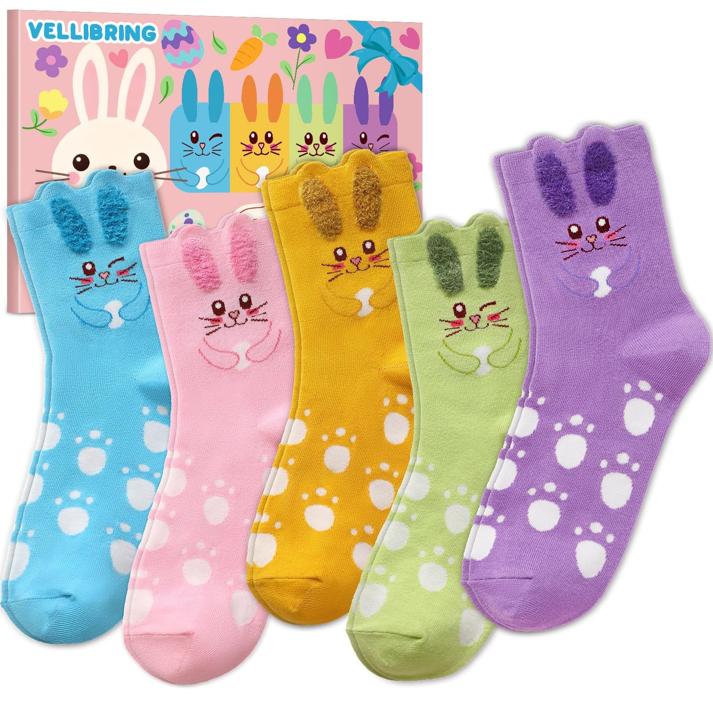 Vellibring 5 Pack Easter Bunny Socks Gifts for Women Cute Fuzzy Novelty Funny Colorful Rabbit Socks Easter Birthday Gifts for Girls Mom Sister
