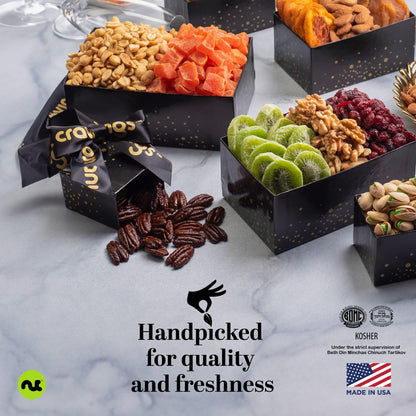 NUT CRAVINGS - Fathers Day Treats, Gift For Dad, Dried Fruit & Mixed Nuts Gift Basket, Black Tower + Ribbon (12 Assortments) Food Arrangement, Healthy Snack Care Package, Kosher