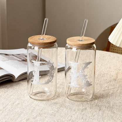 Personalized Gifts for Women, Monogrammed Glass Cups with Lids and Straws, Customized Gifts for Women, Cute Design Initial Iced Coffee glasses, Custom Letter Mug, Birthday Bridesmaid, E