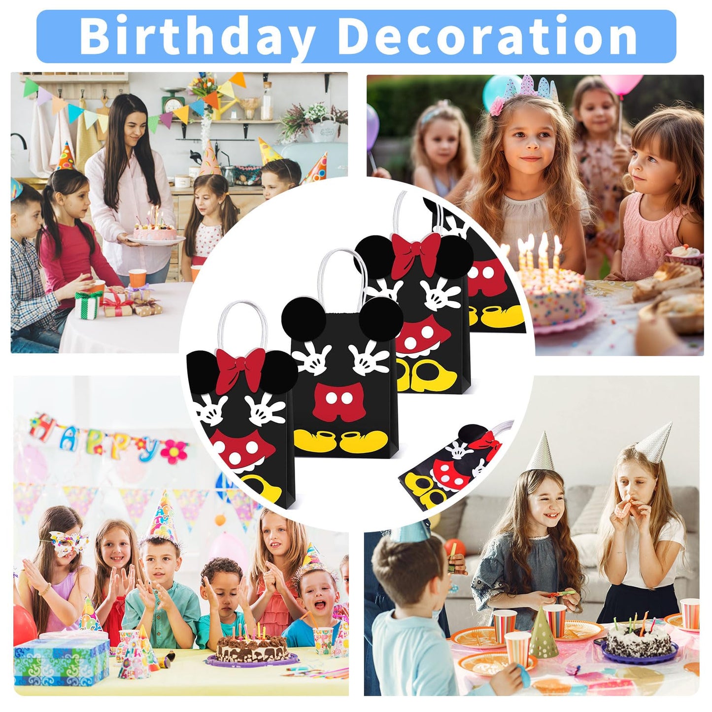 JAMNSY 12 Pcs Mouse Party Favor Bags, Cute Bow Paper Gift Bags with Handles, Cartoon Themed Candy Bags for Birthday Party Decorations & Treat Storage