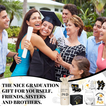 Chunful 7 Pcs PhD Graduation Gifts Doctorate Graduation Gift Set for Women, 17oz Wine Glass Wine Bag Keychain Acrylic Keepsake Socks Greeting Card & Box Funny Pairs Well with a PhD Gifts