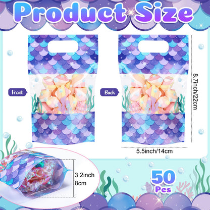 Sweetude 50 Pcs Mermaid Gift Bags Double-sided Print Plastic Bags with Handles Resealable Theme Sealed Pouch for Birthday Baby Shower Candy Gift Wrapping Supplies Decor (Mermaid)