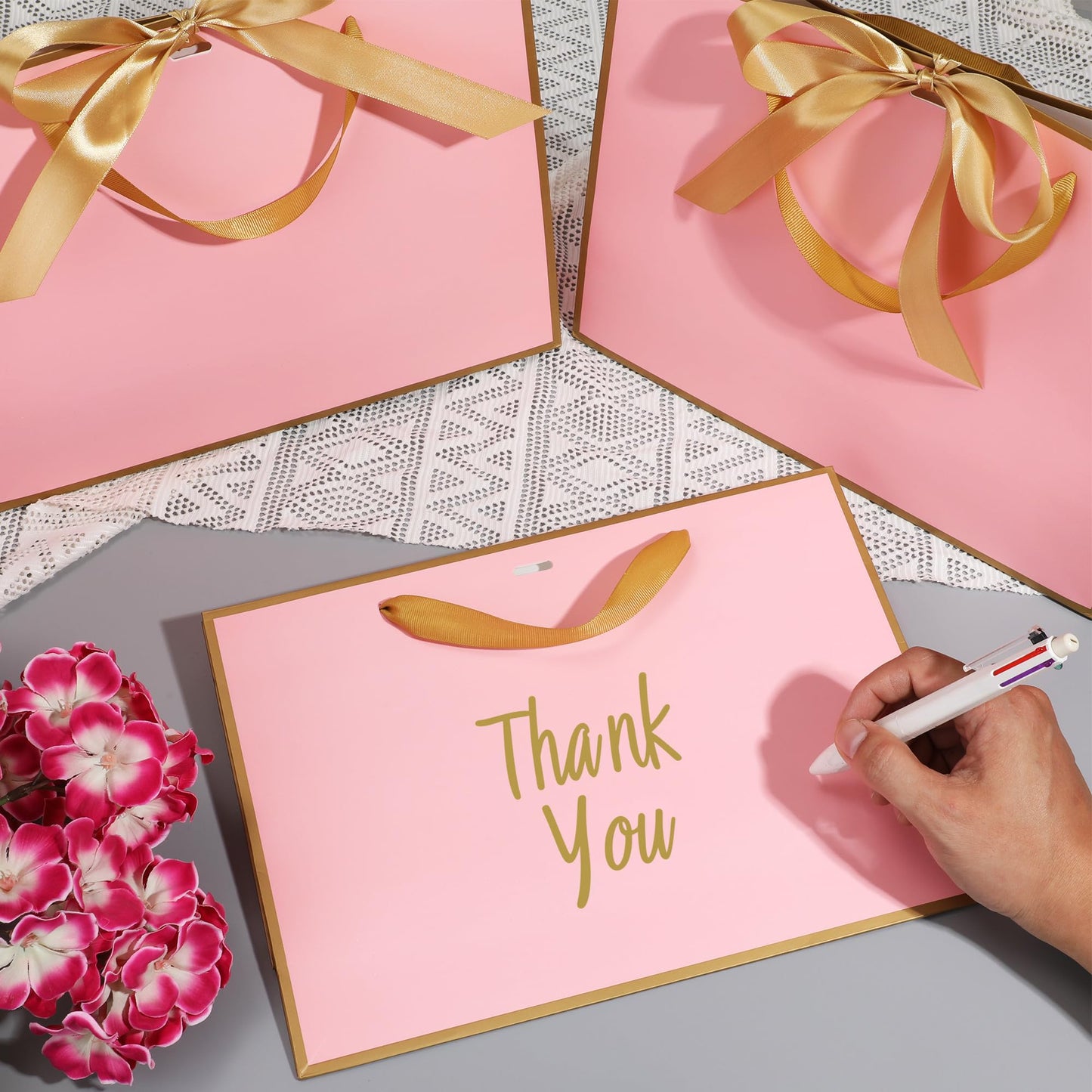STOBOCTER 12 Pcs Thank You Gift Bags with Handles 12.6"x4"x9.1'' Welcome Bags Return Gifts with Bow Ribbon for Wedding Bridesmaid Baby Shower Graduation Housewarming Birthday Party(Pink, Gold)